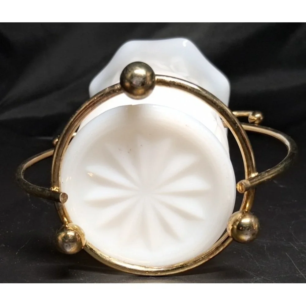 Vintage Hazel Atlas Milk Glass Vase with Metal Stand‎